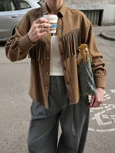 Women's Solid Color Notched Collar Imitation Deer Skin Long Sleeves Jacket, with Fringe Trim and Button Closure, Stylish Outerwear for Everyday Wear