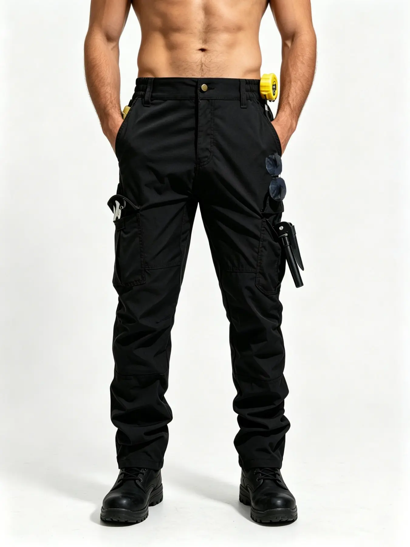 Men's Multi-Pocket Durable Work Pants, Solid Color Multifunctional Tool Pouch, Straight Leg Workwear for Construction Outdoor Use Menswear Trouser
