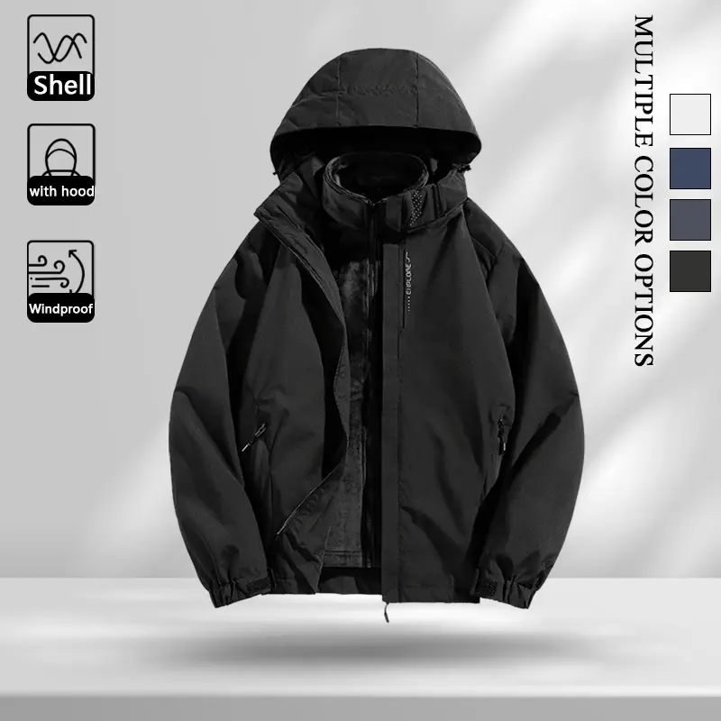 All Weather Warm Fleece Lined Attached Hood Wind Jacket for Men, Full Zip Side Storage Zipper Pockets Adjustable Cuffs Thermal Wind Coat for Shopping Training Ski Trip