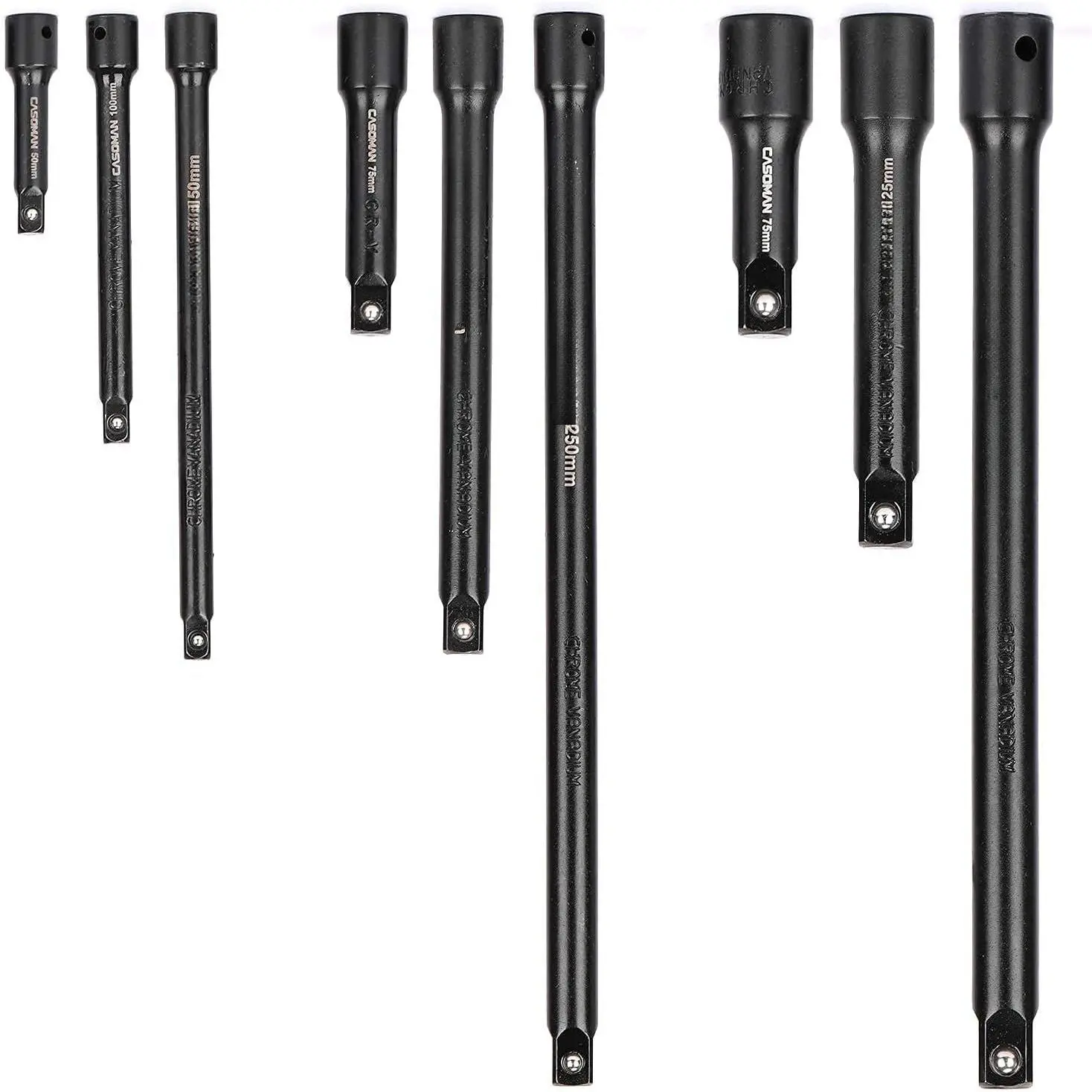 9 count Extension Bar Set, 1/4", 3/8" and 1/2" Drive Socket Extension,  Chrome Vanadium Steel with Black Phosphate Finish