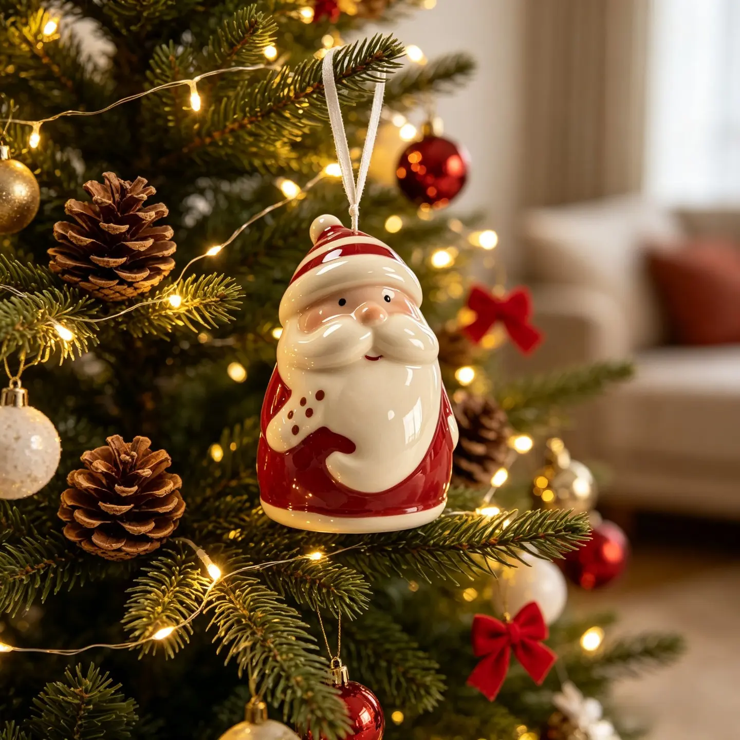 Cute Glossy Ceramic Santa Bell Hanging Ornament Christmas Tree Decoration Holiday Home Decor Xmas Gift