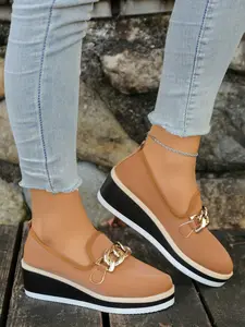 2026 New Bestselling Metal Buckle Wedge Loafers, Lightweight Thick Sole Heeled Slip-On Shoes, Soft Leather Comfortable Women's Casual Shoes