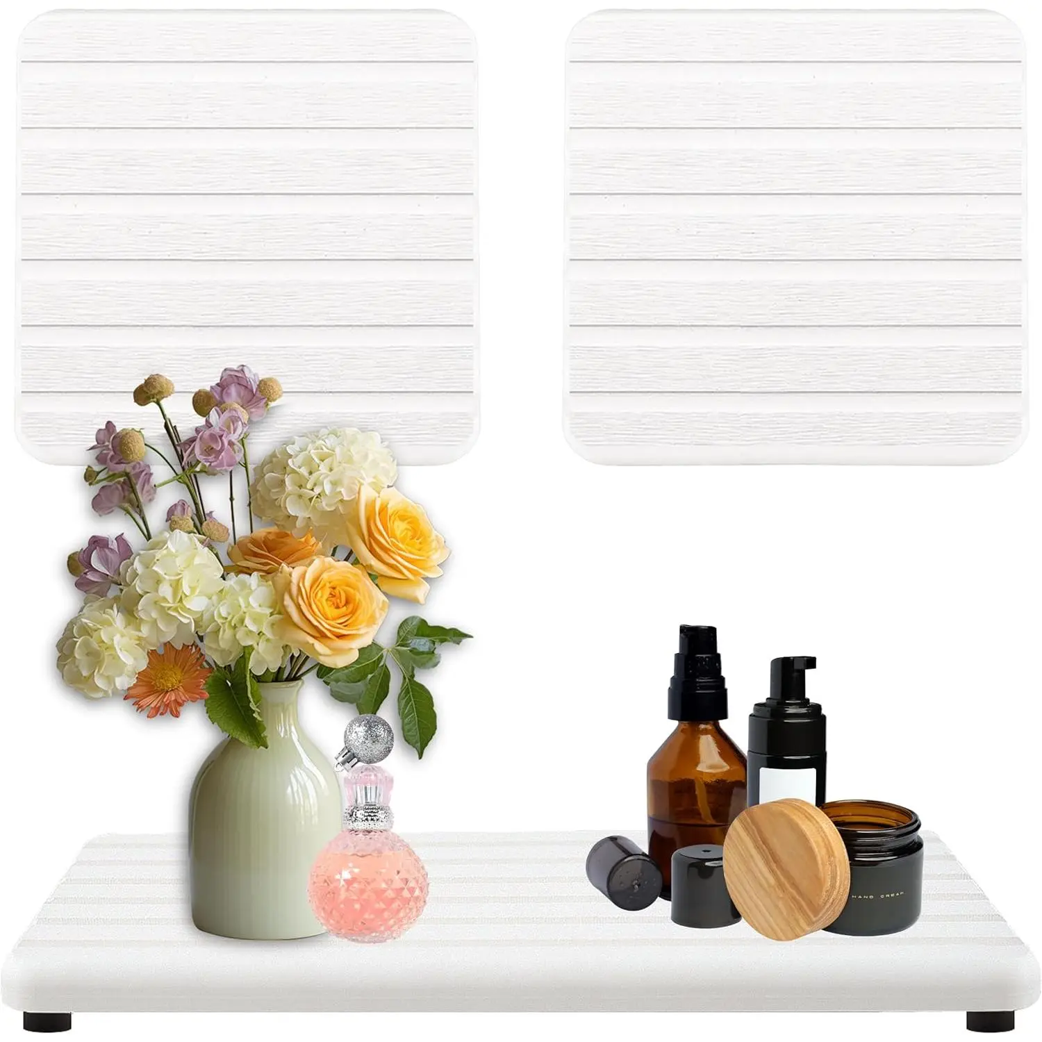 3PCS Water Absorbing Stone Tray, Premium Diatomite Soap Holder & Coaster Mats for Bathroom and Kitchen Sink, Fast Dry Sink Organizer for Countertop with Non-Slip Base, 8.3 x 4 & 4 x 4 Inches, White