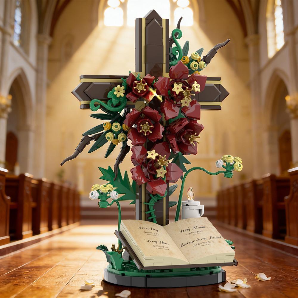 MOC Cross Flower Building Blocks Jesus Cross Tulip Decorative Bricks Adult Toy Christmas Gift