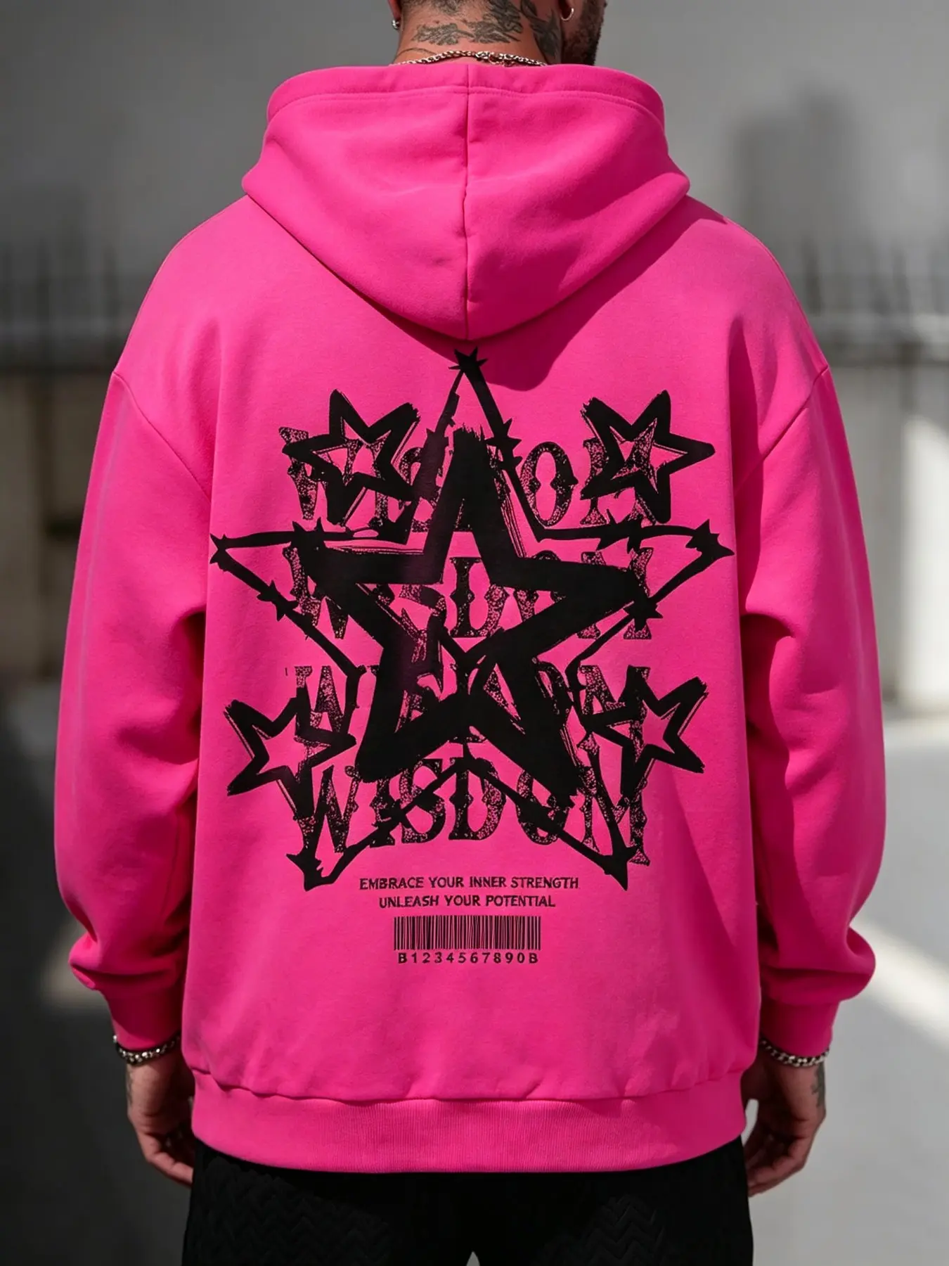 Men Oversized Hot‑Pink Star Wisdom Graphic Print Hoodie, Soft Thick Pullover Streetwear Sweatshirt With Big Back‑Print, Casual Loose Top For Skateboarding, Party, Daily Outfit For Teenage And Adult Men