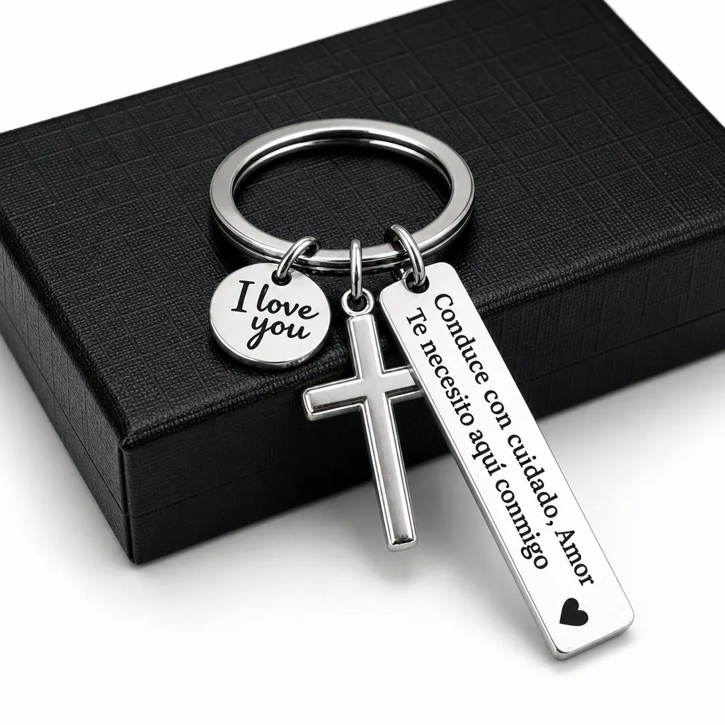 HOLDNEAR Conduce con cuidado Amor Te necesito aqui conmigo Keychain with Cross & "I Love You" Charm, Spanish Drive Safe Stainless Steel Keyring, Romantic Religious Gift for Him/Her meanningful gift,Reminder Accessory
