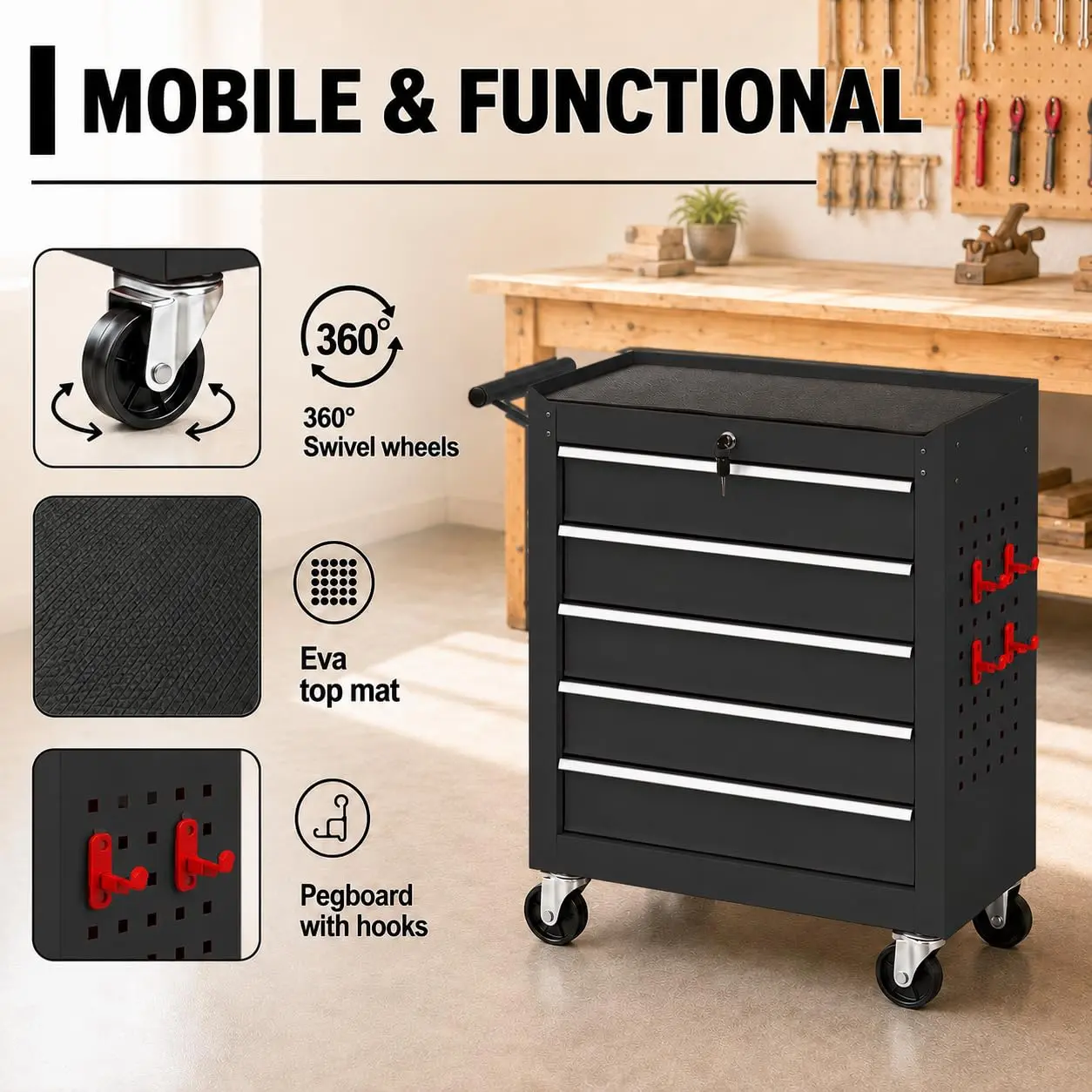 26 Inch Rolling Tool Chest with Wheels, 5‑Drawer Lockable Tool Storage Cabinet Cart, Equipped with Drawer Liners for Garage and Workshop Use