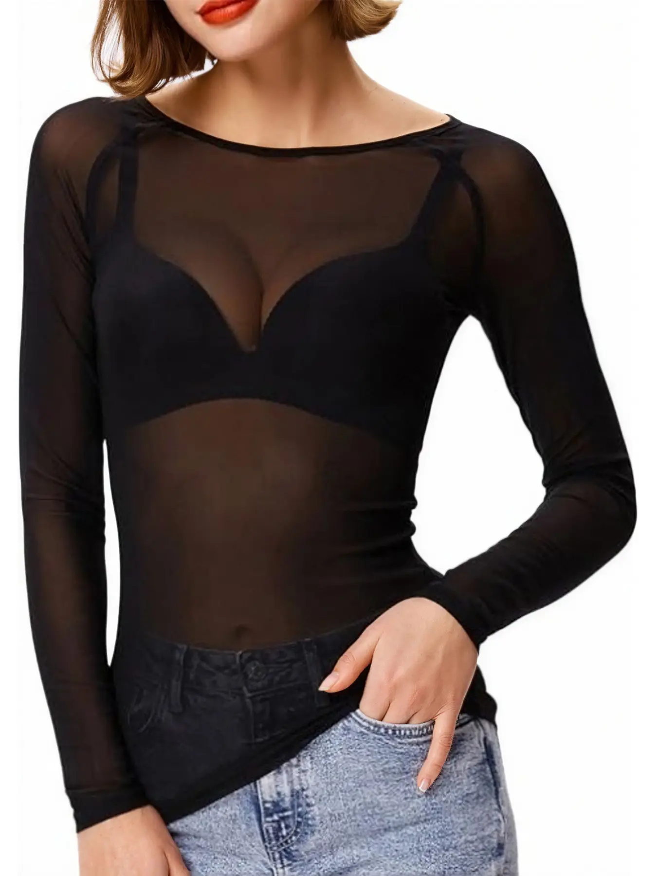 Women's Mesh Top, Long Sleeve Sheer Shirt, Sexy Basic Innerwear, Slim Fit, Skinny, Soft Layering T-Shirt, Fashion Apparel