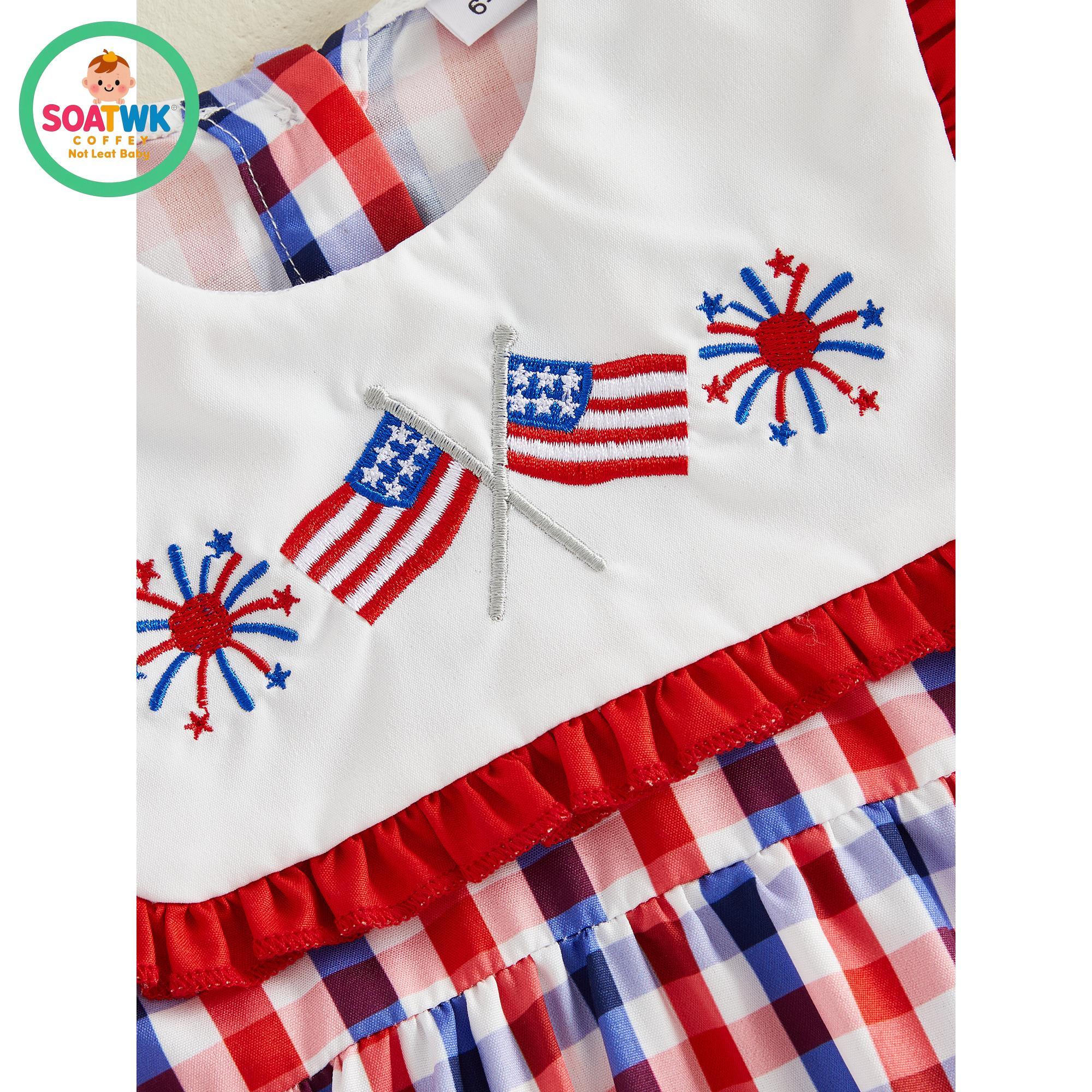 Little Girl 4th of July Dresses American Flag Firework Embroidered Short Sleeve A-line Gingham Dresses for Summer Spring