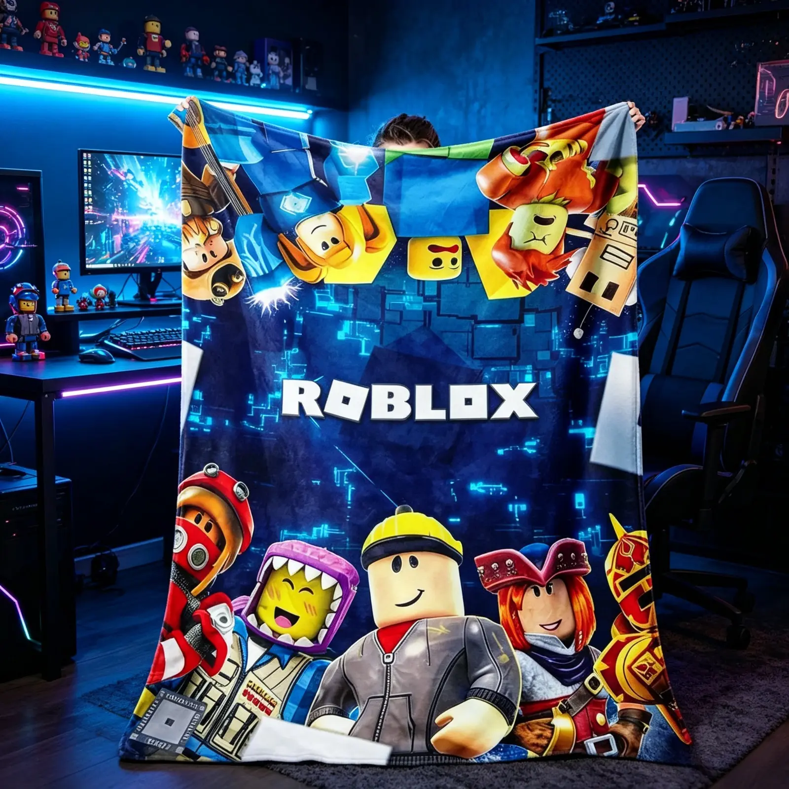 Pixel Block Game Flannel Throw Blanket Neon City Character Art Soft Cozy Lightweight Fleece Blanket for Kids Teens Sofa Bed Gaming Room Home Decor Birthday Graduation Christmas Gift for Game Lovers