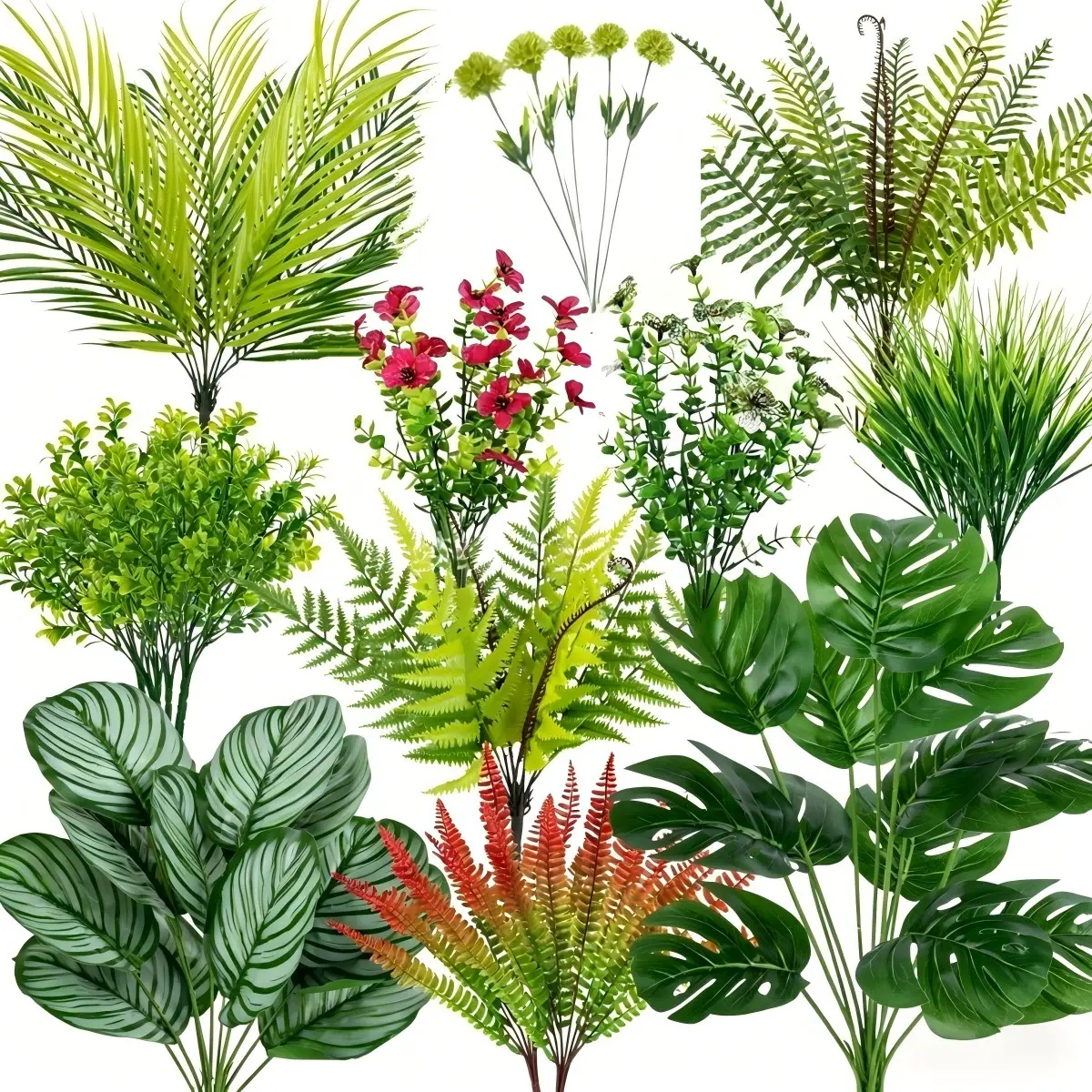 20Pcs UV Resistant Artificial Plants Set Decorative Fake Greenery Stems with Flowers, Faux Tropical Palm, Monstera, Fern, Grass Picks for Outdoor Patio Porch Window Box Home Garden Planter Arrangement Decor