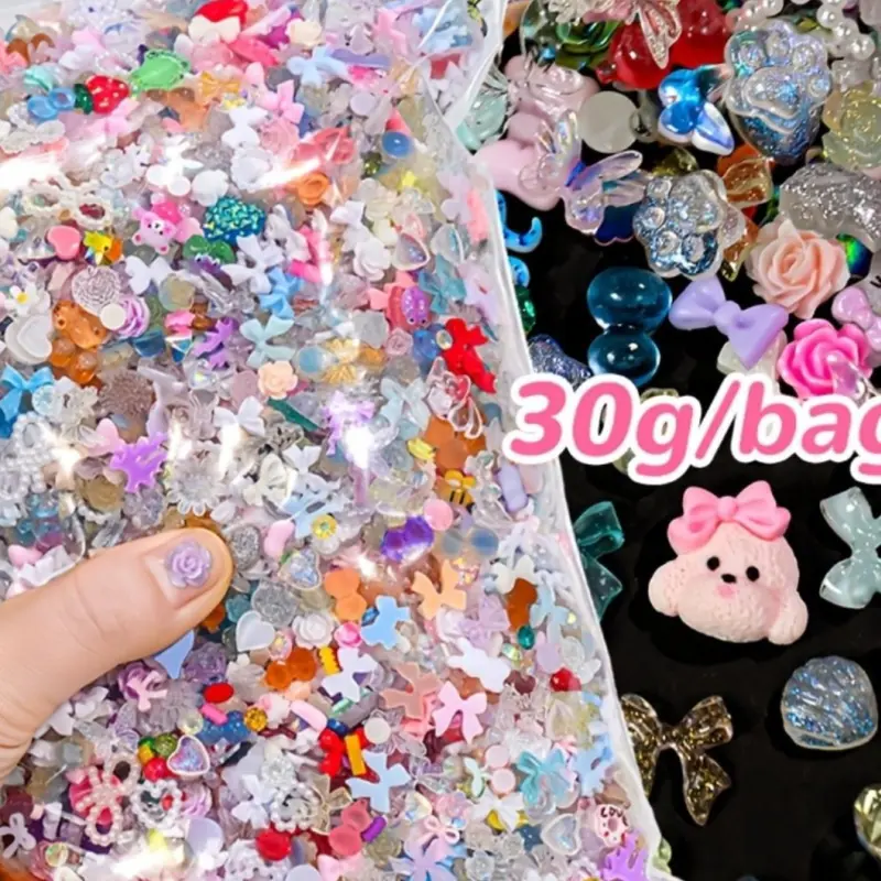 30g/Bag 300-500Pcs Mixed Resin Nail Charms, Bow Flower Heart Bear Sequins, 3D Decorations for Nail Art Products, Phone Case, Hair Clips & Jewelry Making, DIY Craft Set for Women