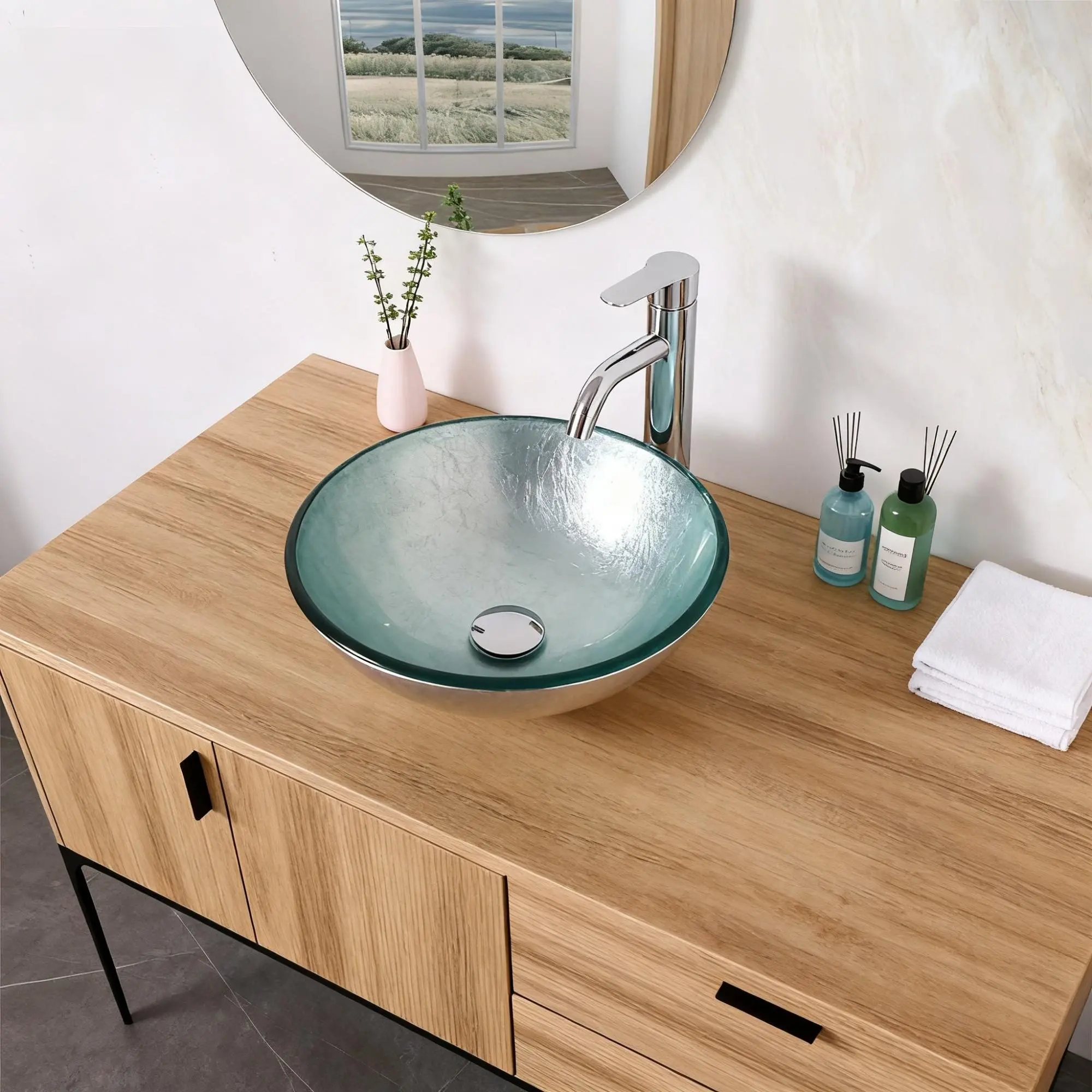 Nokaa Artistic Tempered Glass Vessel Bathroom Sink with Pop-Up Drain, Silver Finish, Modern Round Countertop Basin for Bathroom Vanity, Powder Room, Guest Bath, Easy to Clean Above Counter Bowl, Single Sink