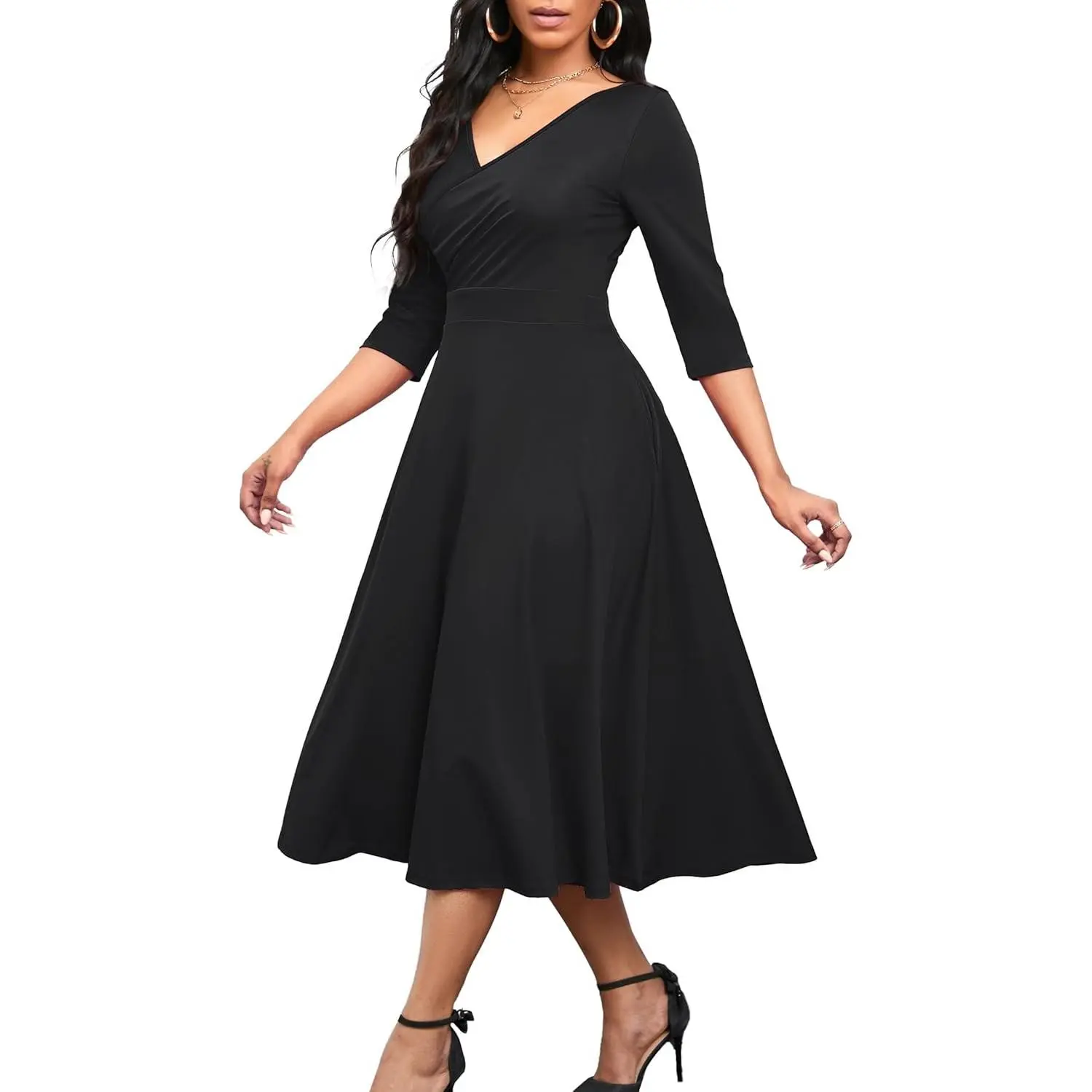Women's Stretchy Jersey Semi-Formal Wrap Dress, A-Line Flared Midi, V-Neck, 3/4 Sleeve, Pocket-Fit Wedding Guest Cocktail Tea Dress