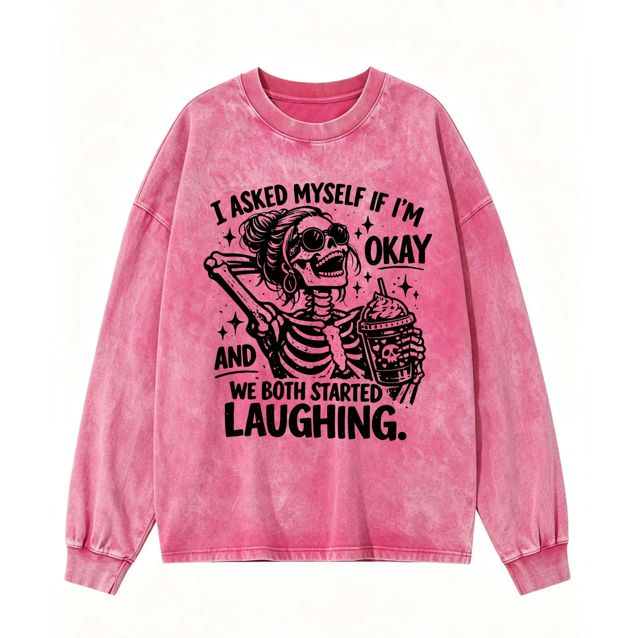I Asked Myself If I'm Okay Sweatshirt, Pink Acid Wash Skeleton Iced Coffee Shirt, Sarcastic Mental Health Long Sleeve, Halloween Funny Spooky Gift