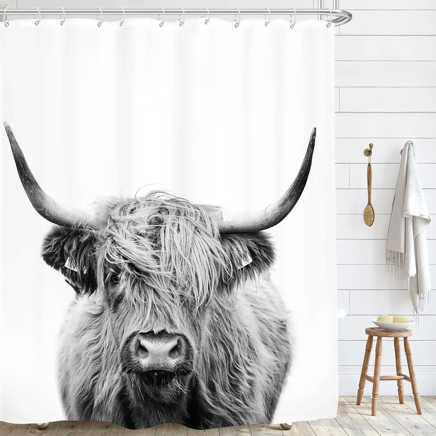 Washable Nature Highland Cow Shower Curtain Set with 12 Plastic Hooks, 60" W x 72" L Rustic Bull Portrait Bath Decor, Grey White Polyester Liner Fabric for Western Farmhouse Toilet, Animal-Themed Restroom Accessory