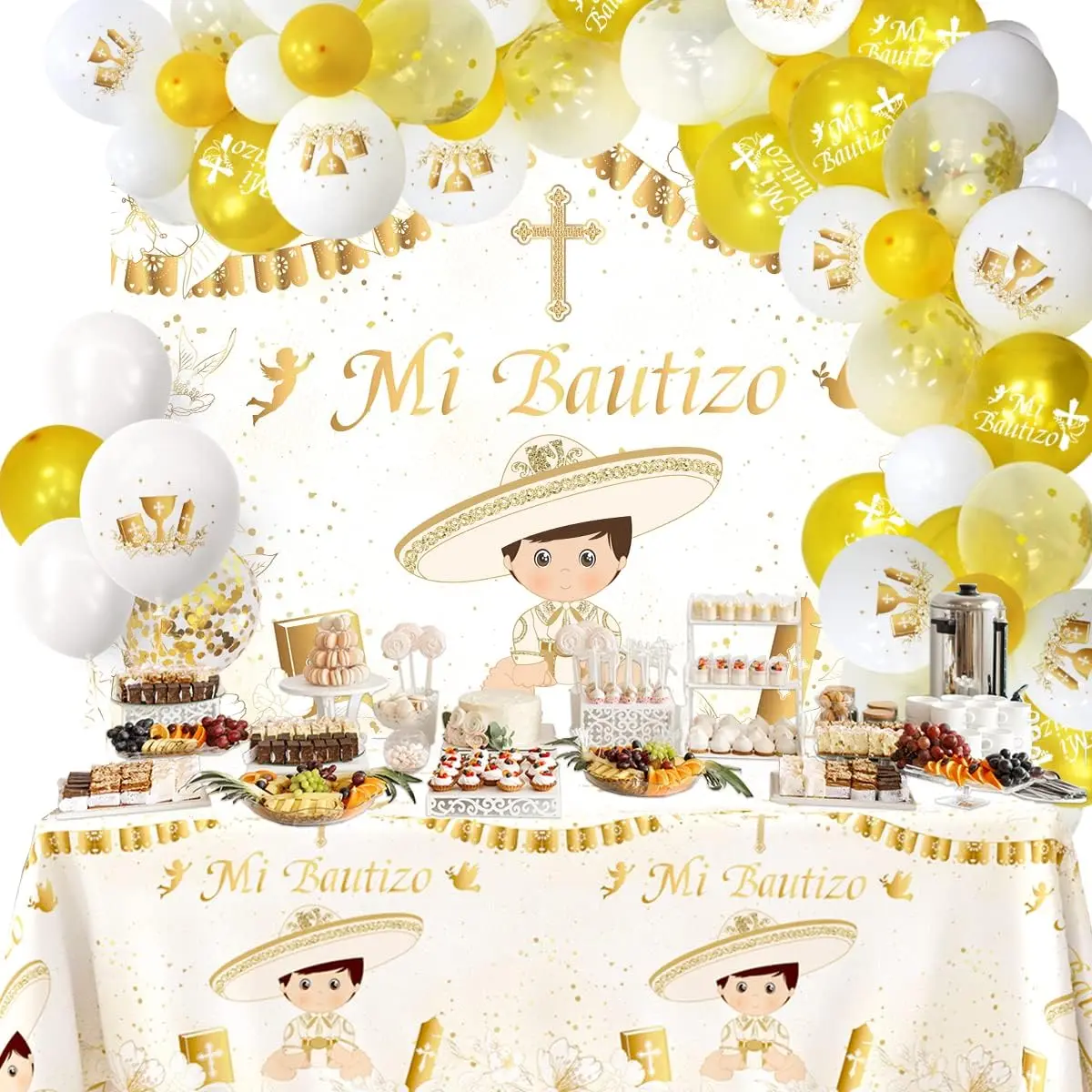 57Pcs Mi Bautizo Banner Backdrop Balloons Arch Garland Tablecloth Kit for He God Bless Boy Baptism Party Decorations First Communion Decor Christening Celebration Accessories