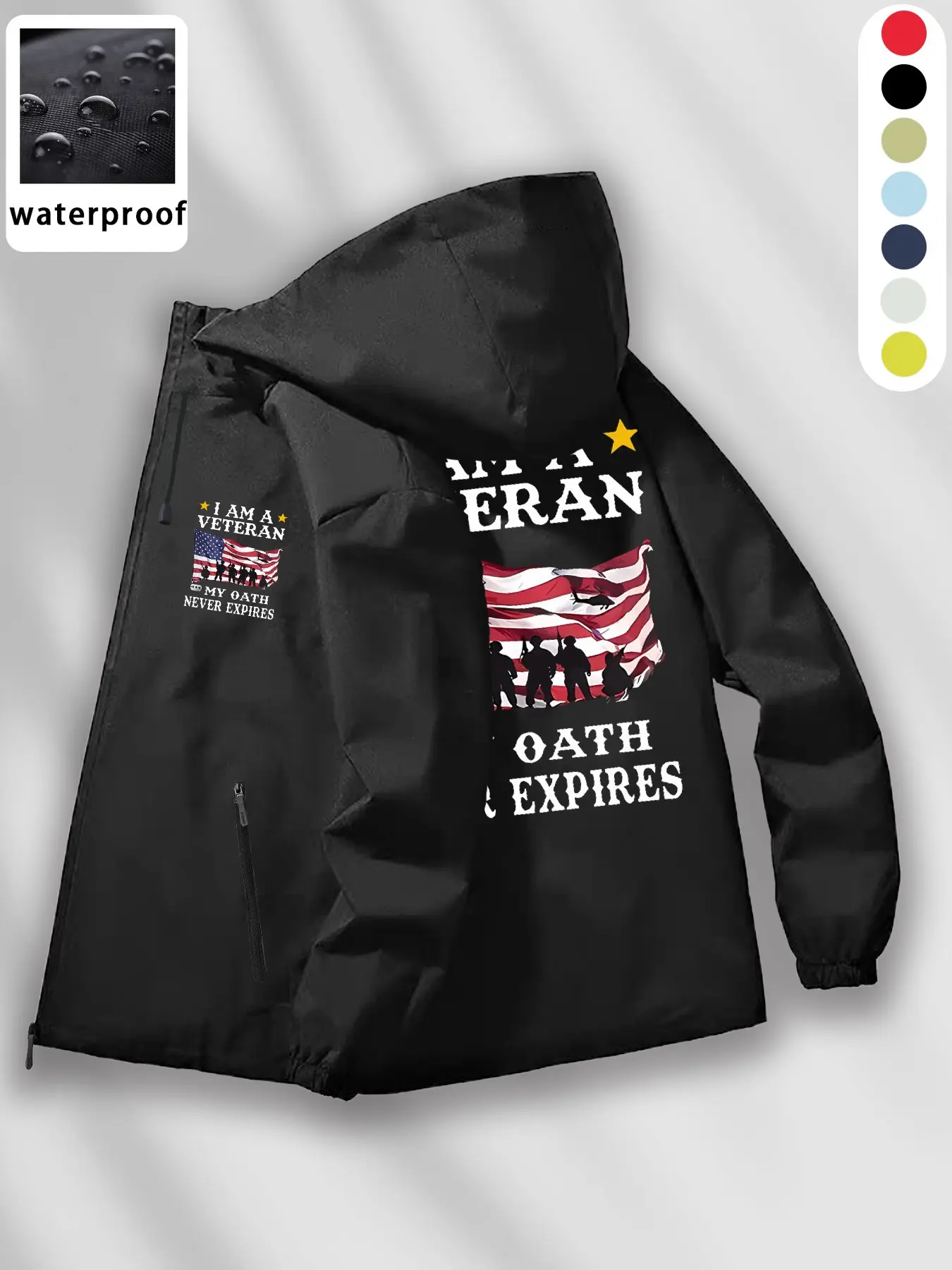 Men's Patriotic Veteran Theme Waterproof Hooded Jacket, Windproof Lightweight Casual Zipper Parka, Durable Outdoor Wear, Hiking, Motorcycle Riding
