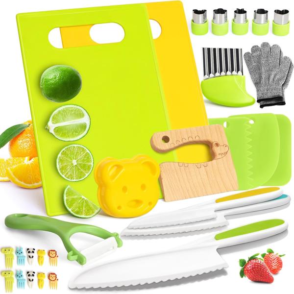 28PCS Knife Set - Kids Knifes for Real Cooking, Montessori Kids Kitchen Knife Set with Cutting Board Crinkle Cutters Kid Safe Knives, Kitchen Tools Old Girl Boy 28PCS Knife Set - Kids Knifes for Real Cooking, Montessori Kids Kitchen Knife Set with Cutting Board Crinkle Cutters Kid Safe Knives, Kitchen Tools Old Girl Boy