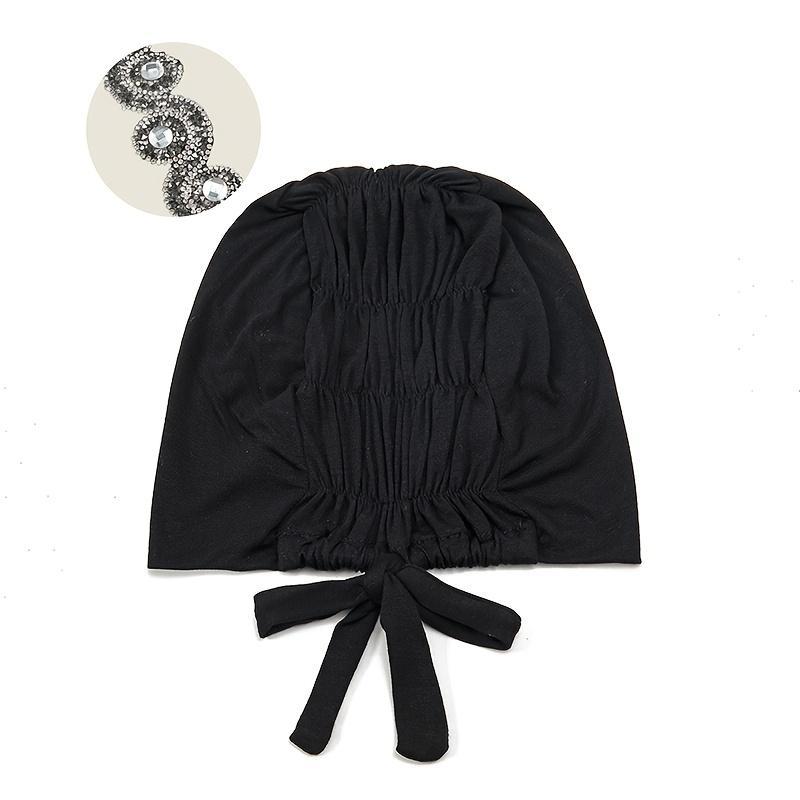 Breathable Windproof Hijab Hat with Rhinestone, Solid Color Scarf for Prayer