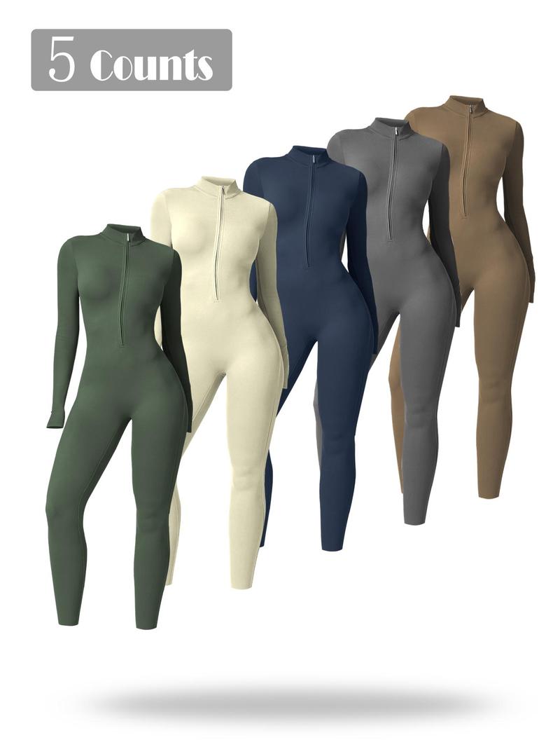 Women's Half-Zip Mock Neck, Comfy Breathable Long Sleeve One-Piece For Gym, Workout Jumpsuits, Stretchable Activewear