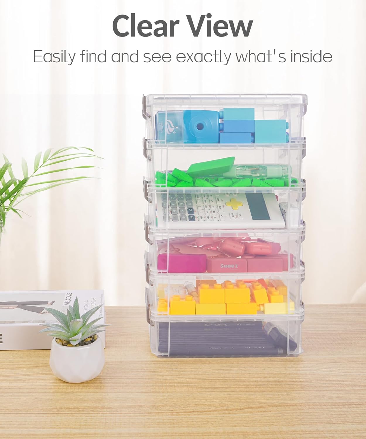Z-PCB25  6 Pack Extra Large Pencil Box, Plastic Hard Pencil Case Crayon Box Bulk, Clear Marker Organizer Plastic Containers with Lid, Stackable Storage Boxes for Art Craft, Back to School Supplies, Multi
