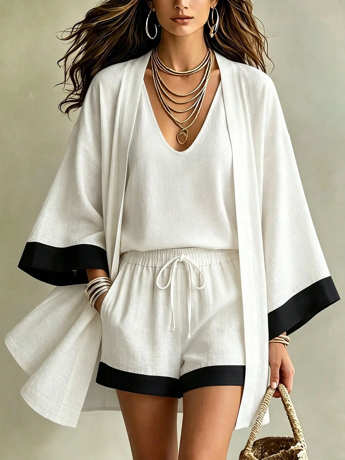Women's 3 Piece Outfits, V-Neck Tank Top, Contrast Trim Kimono Open Front Cardigan & High Waist Drawstring Shorts, Spring Summer Casual Elegant Co-ord Sets, Suitable for Daily Dating, Home Wear, Vacation, Commute & Office