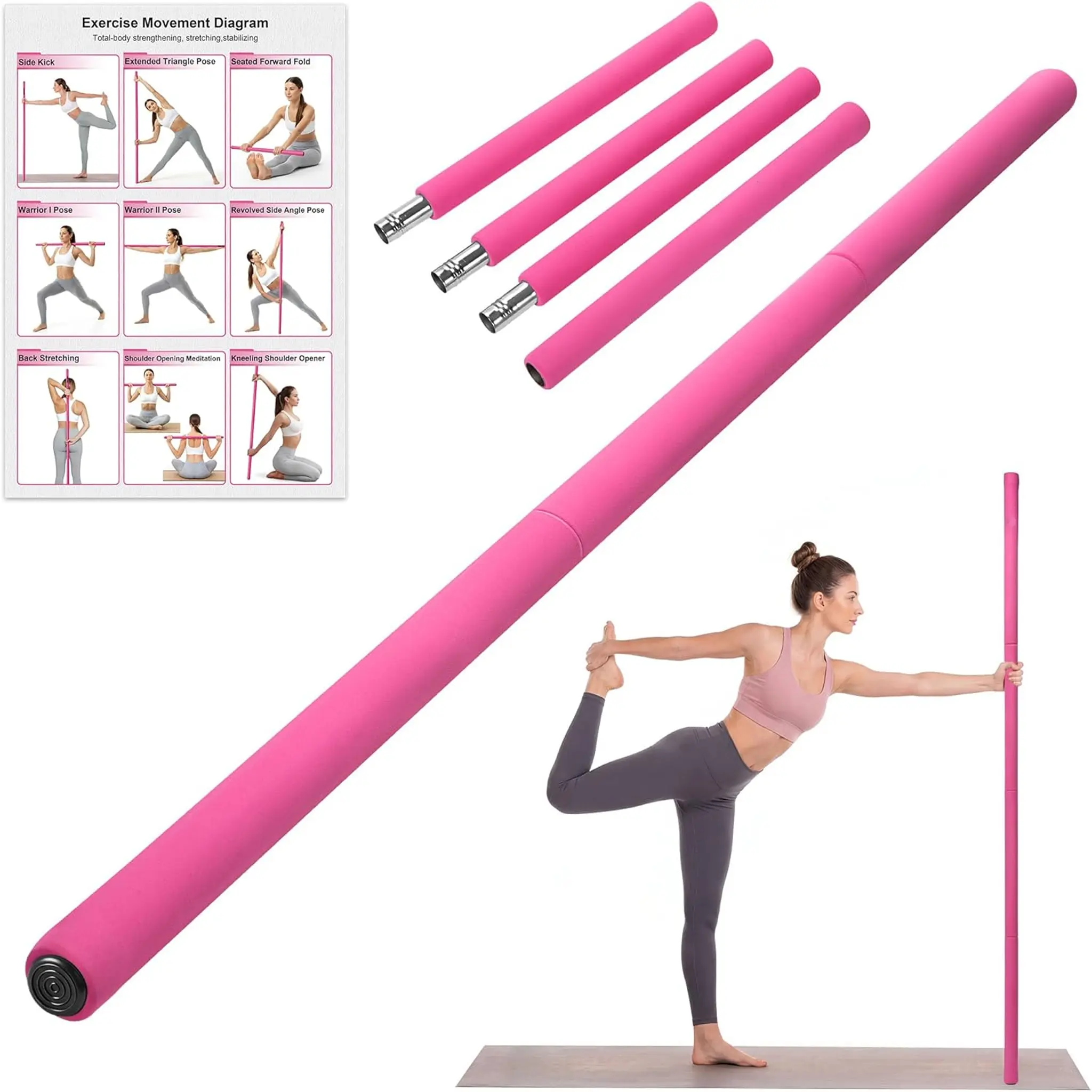 Detachable pink 4-section yoga stick, upgraded 59-inch yoga rod, adjustable length yoga stick, shoulder-opening stretch support training bar, threaded stable alloy steel fitness equipment, for stretching, workouts, posture correction, and exercise.