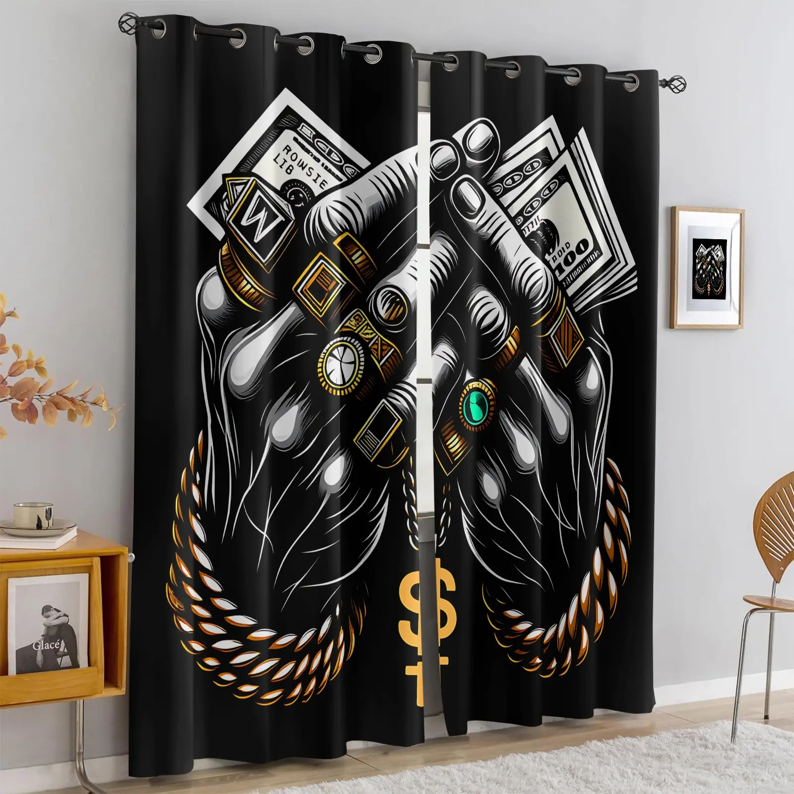 2 Panels Floor Length Window Curtains, Privacy Blackout Window Drapes, Black Background Gold Cash Chain Hip Hop Window Coverings for Urban Streetwear Vanity Room, Hip Hop Themed Airbnb, Teen Boys Play Nook Decor