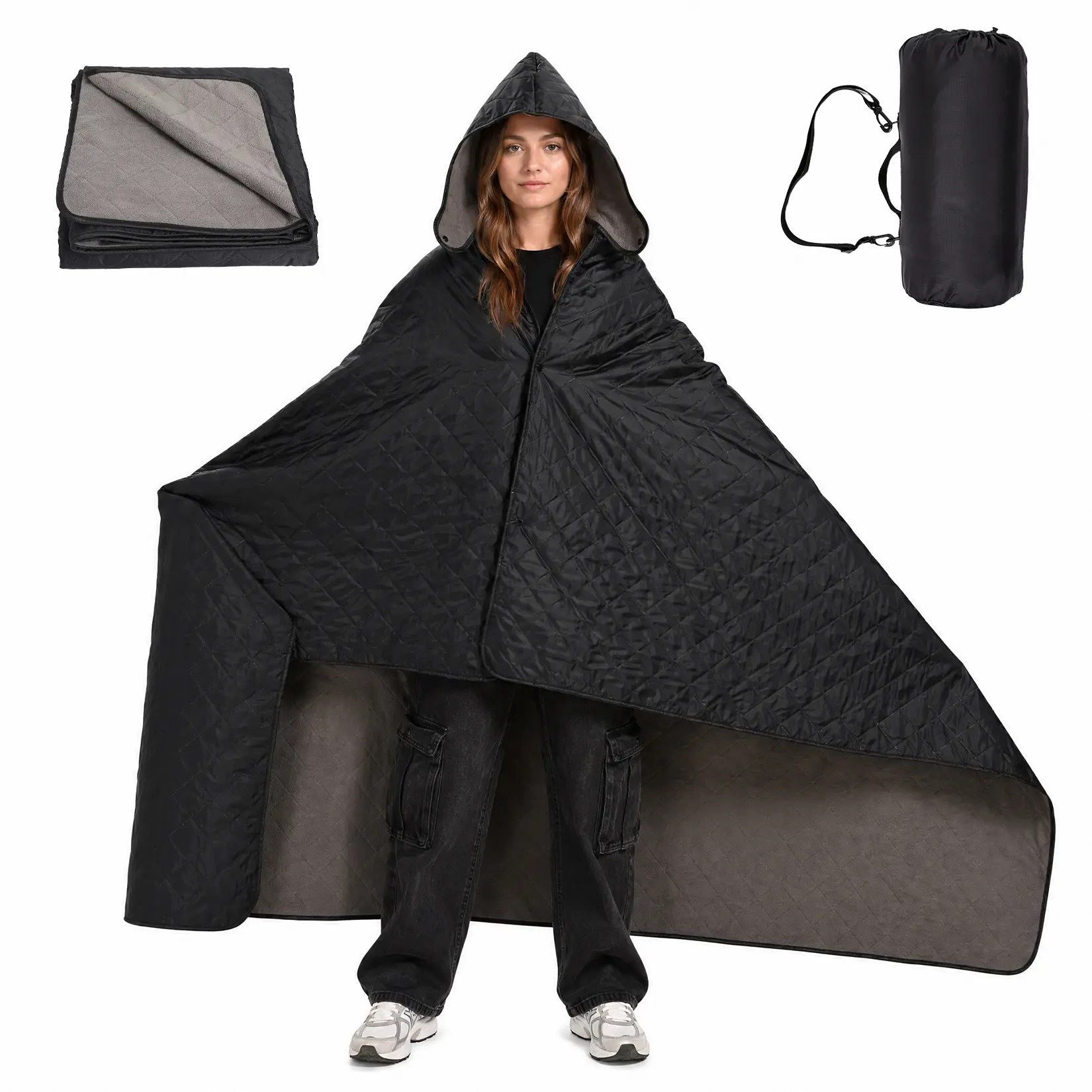 Hooded Shawl Outdoor Camping Blanket - Waterproof 210T Polyester & Fleece - Washable, Detachable Hat, Hidden Pocket, Shoulder Strap Bag - Sleeping Gear for Hiking, Black, 200×140cm