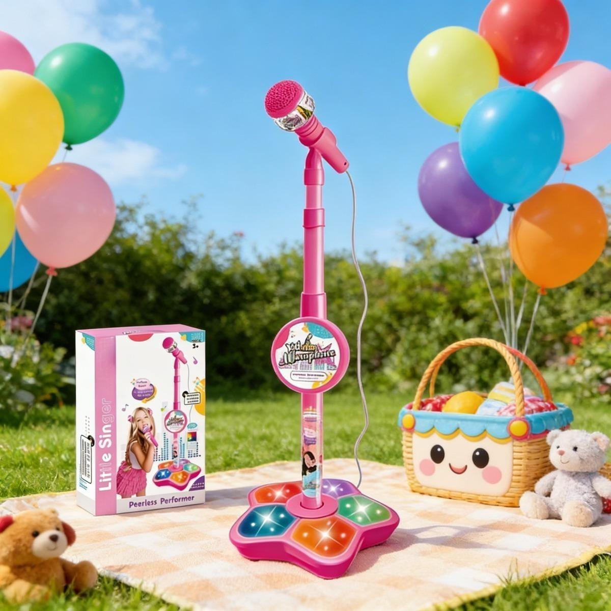 Portable karaoke microphone toy, integrating a luminous microphone and stand, suitable for home entertainment in various occasions. Suitable for family parties, gatherings, boys and girls' birthdays, Easter ideal gifts
