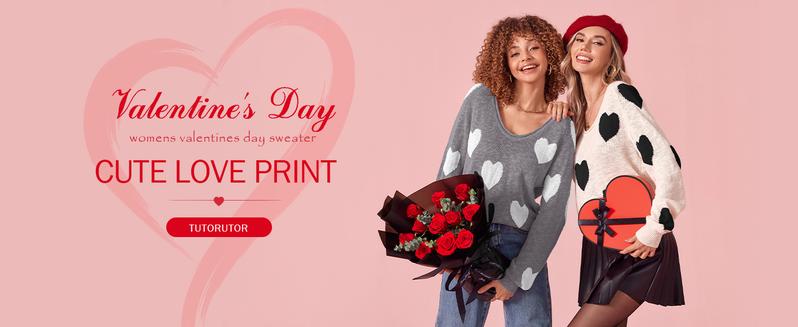 Saodimallsu Womens Cute Love Heart Print Sweaters Oversized Off The Shoulder Loose Knitted Valentine Pullover Blouse Top