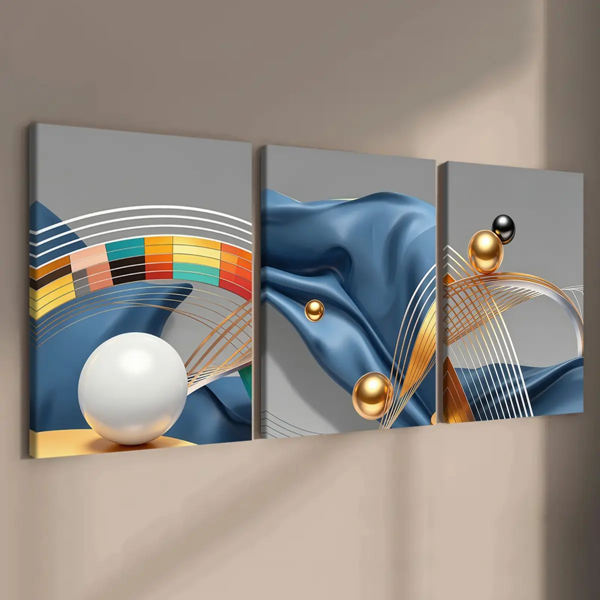 3-count wooden frame canvas, colorful stripes, blue silk and gold beads geometric high-end abstract poster, perfect living room decoration, family fashion poster, modern art decoration, suitable for corridor, office, bedroom art, waterproof, gift