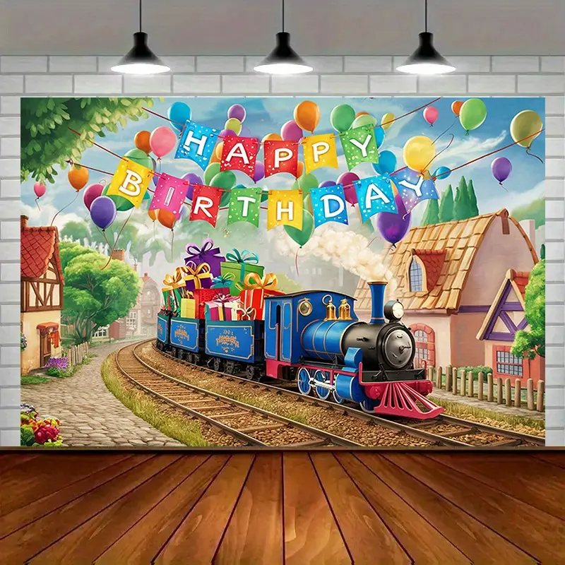 1 party banner, colorful train-themed happy birthday backdrop decoration photo prop, Birthday Themed Backdrops, polyester banner decoration, home decoration, party backdrop decoration, party decoration/supplies/gift decoration backdrop