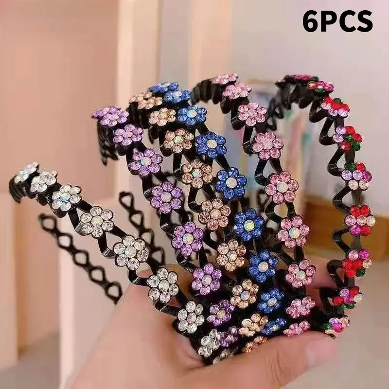 Women's 6Pcs 12.8cm Metal-Rhinestones Wave Hoops, Non-Slip Floral Flowers Headbands, Sparkly Decor for Daily/Outings Hairstyles