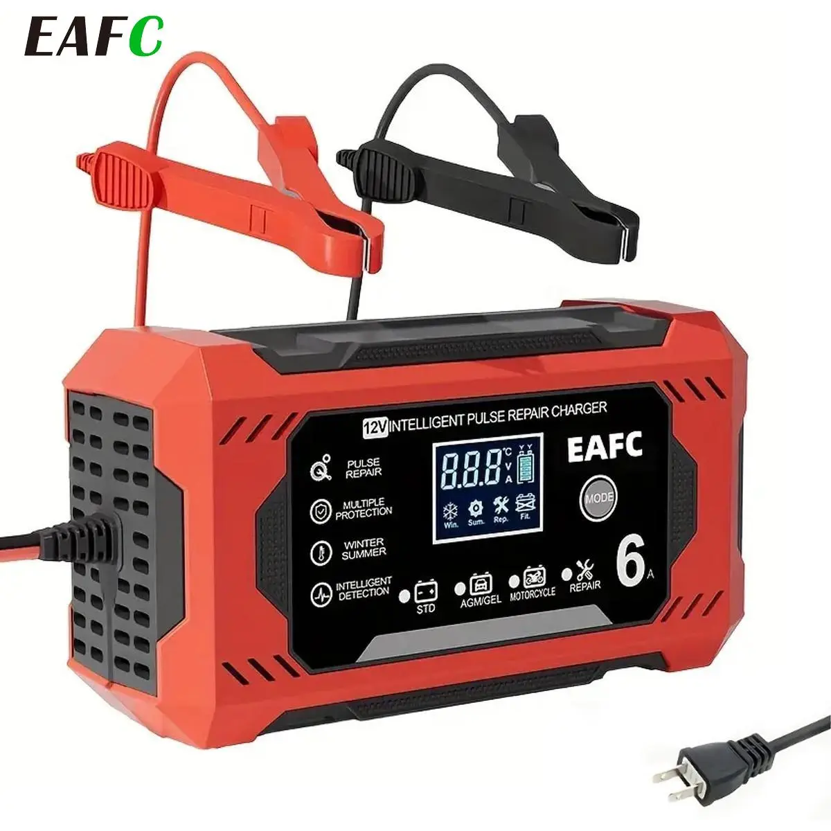 12V 6A Smart Car Battery Charger - Microprocessor Control, AC 110-220V 50-60Hz, LCD Display, Pulse Repair, Fast Charging for 4-100Ah Car/Motorcycle AGM Deep Cycle GEL Batteries, Smart Charger, Over Temperature Protection: Yes