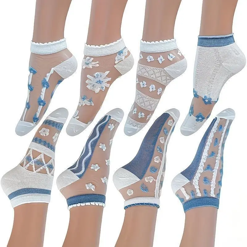 Women's 10 Pairs Random Styles Elegant Blue And White Boat Socks, Thin Breathable Hollow Mesh Glass Silk Short Socks With Floral Lace Trim, All-Match Casual Hosiery For Daily Wear, Sports & Outdoor Protective Gear Accessory, Socks For Women