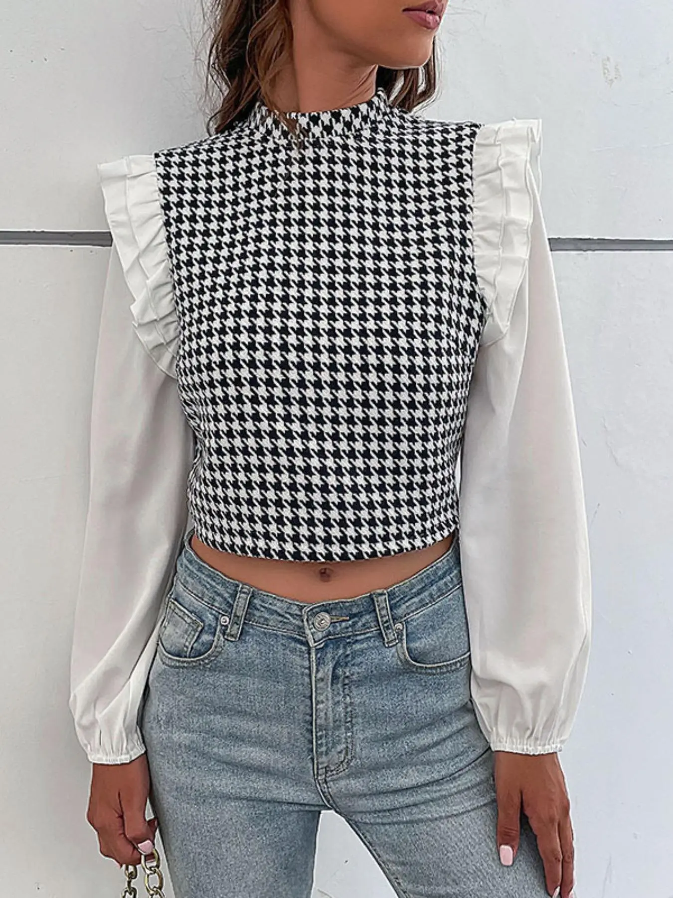 Women's Houndstooth Short Sleeve Shirt, Fitted Casual Top for Spring & Fall, Classic New Fashion Design, Perfect for Daily Wear