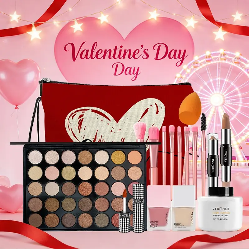 Veronni 8-Piece Makeup Gift Set, Perfect for Valentine's Day, Includes Eyeshadow, Blush, Foundation, Brush, Portable Design, Ideal for Travel