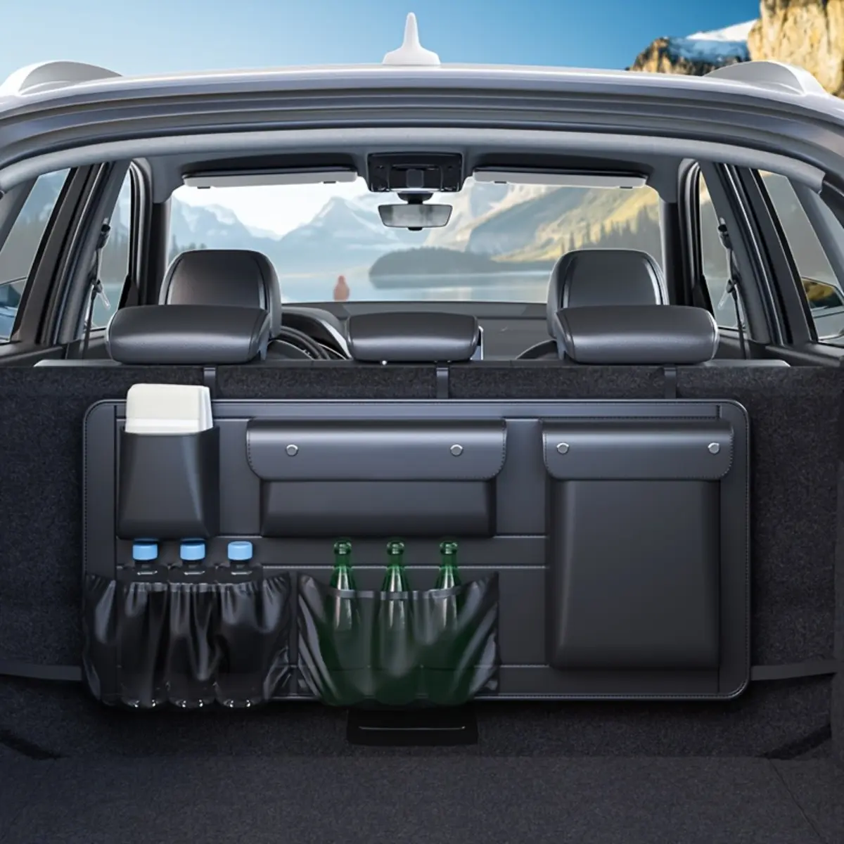 Car Trunk Organizer Bag Leather Dual Buckle Storage Bag Multi Purpose Vehicle Storage Box Waterproof Wear Resistant Interior Bin Portable Folding Space Saving Accessories Fitting Sedan SUV Truck Storage Container