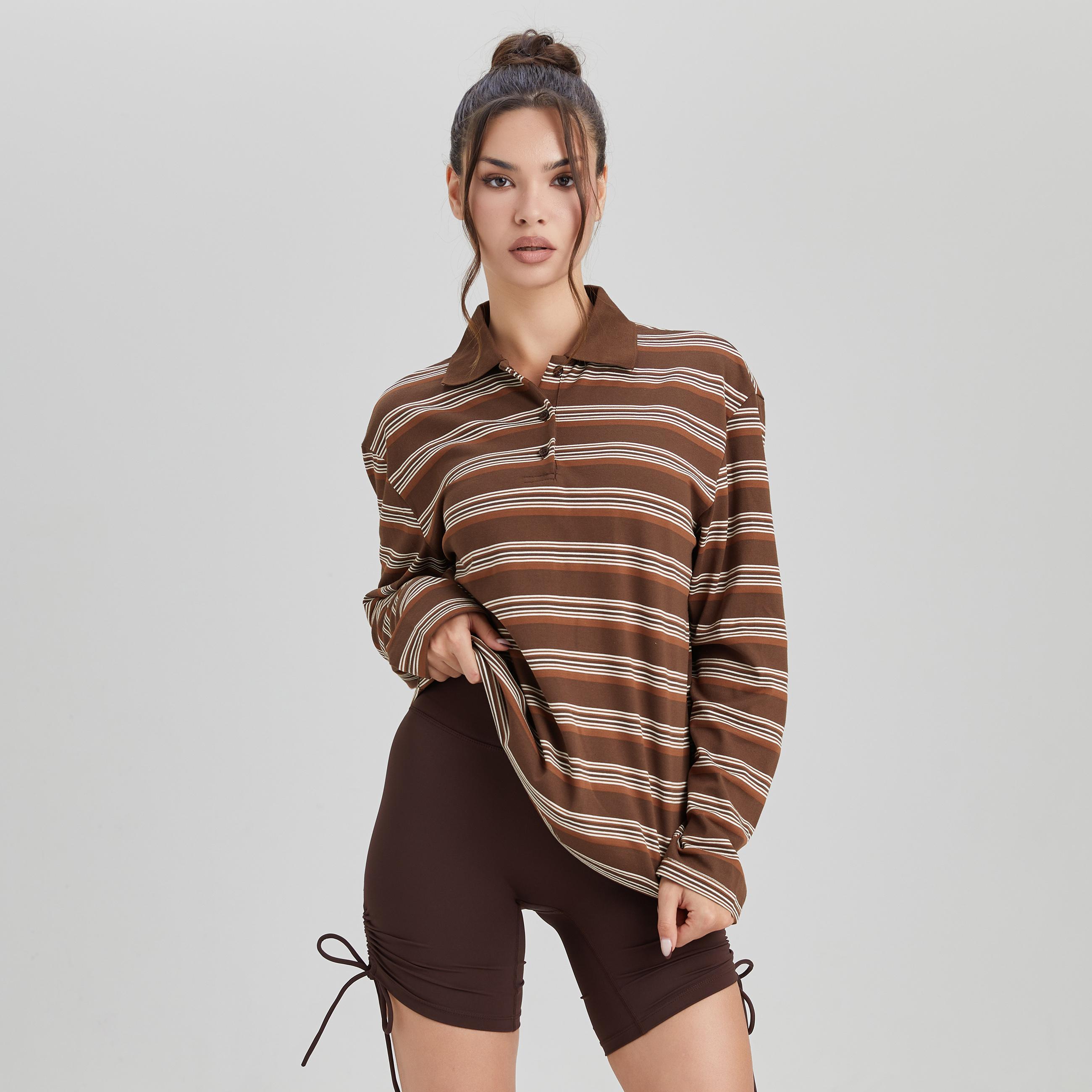 KatchMe Women's Casual Color-Matching Stripe Partial Button Long Sleeve Top, Versatile Striped Cotton Polo Shirt, Comfort Loose Streetwear
