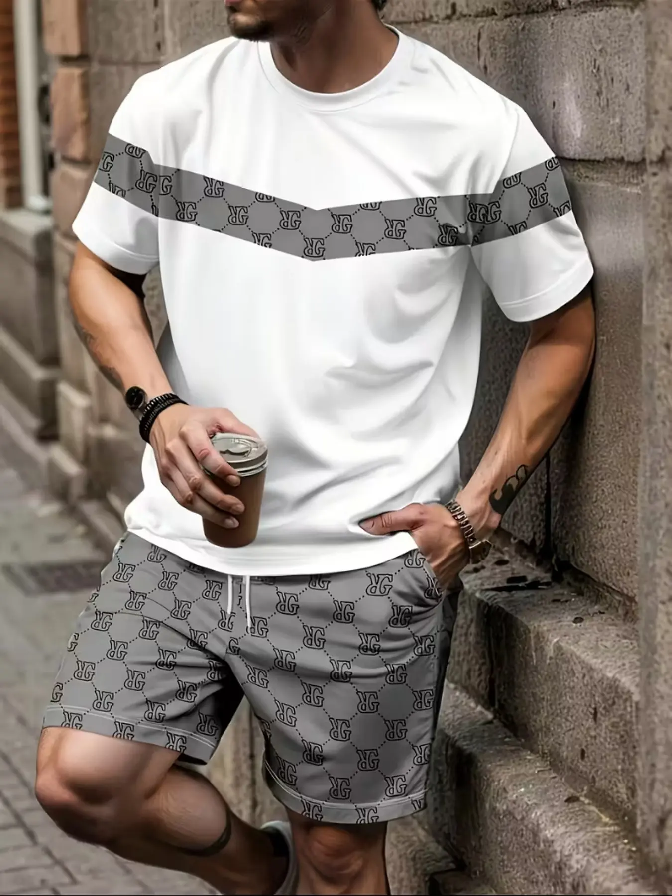 Men's Casual Printed Suit Set, Long Top & Shorts, Fitted H-Type, Above Knee Hem, Perfect Gift for Men