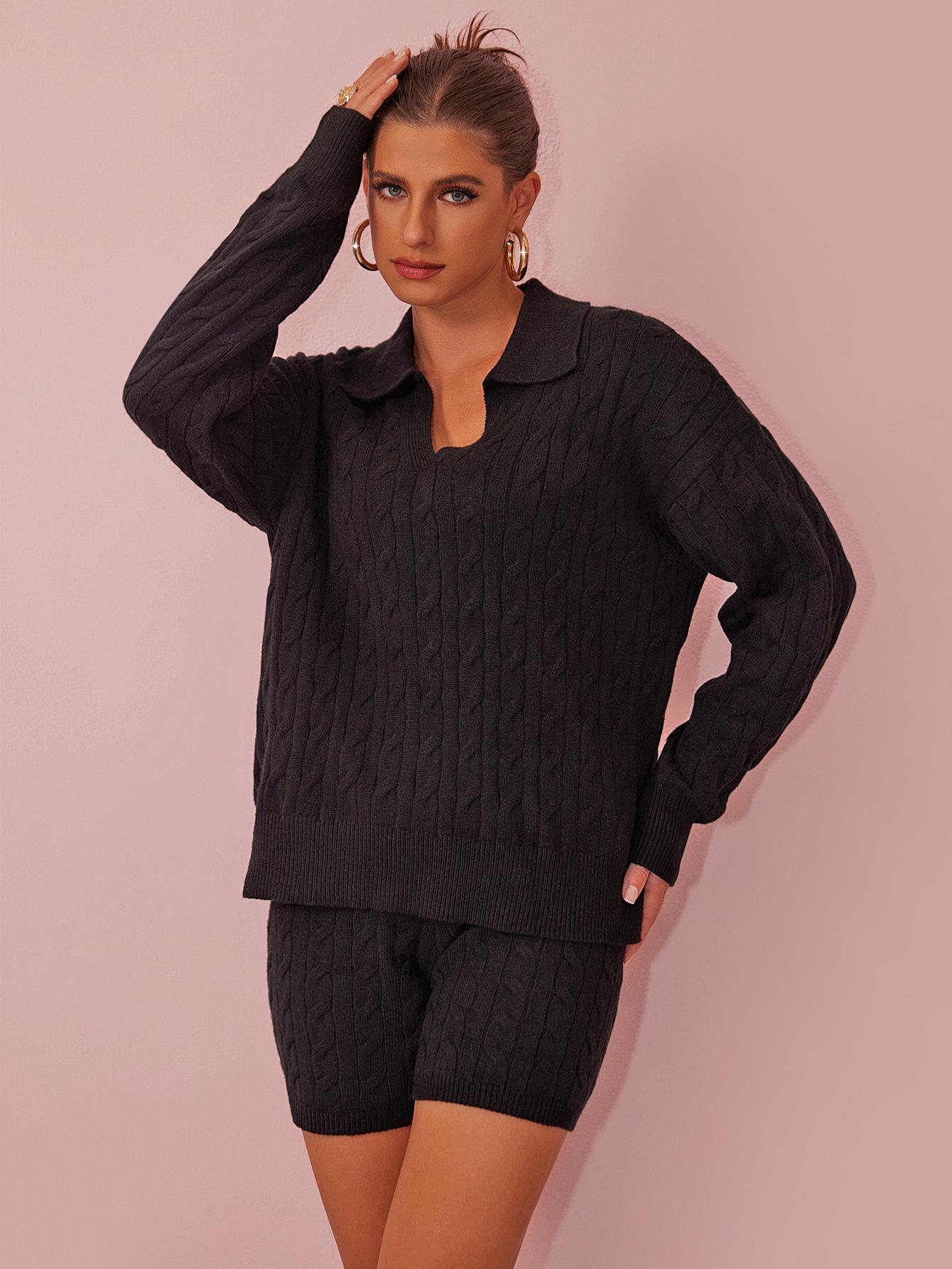 Joyfunear Women's Knitted Three Piece Set with Collar Sweater and High Waist Shorts&High Waist Pants Joyfunear Women's Knitted Three Piece Set with Collar Sweater and High Waist Shorts&High Waist Pants