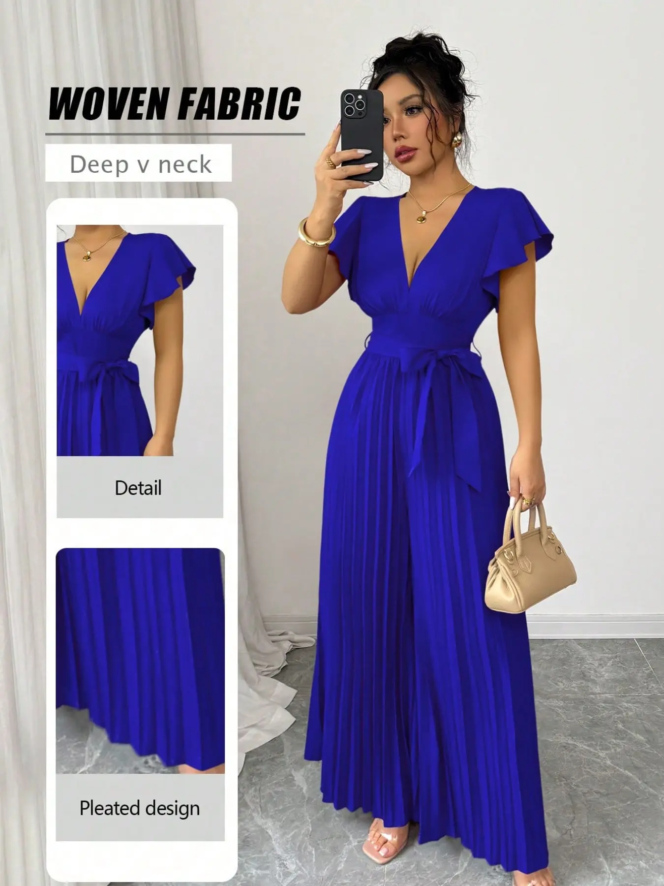 New Women's V Neck Pleated Wide Leg Pants, Waist Cinched Fitted Design, Casual Daily Wear, Commuting Party, Young Elegant Style, Chic