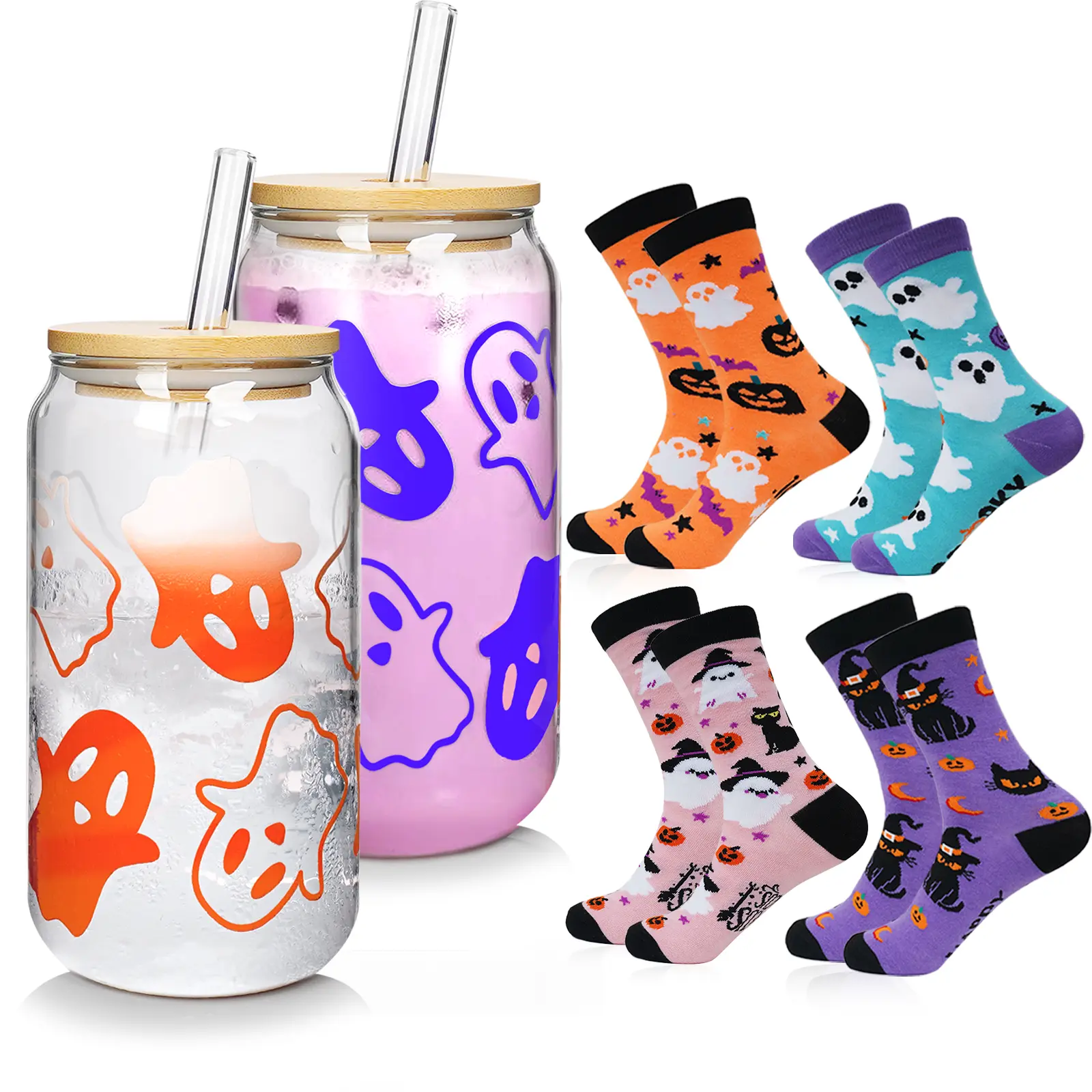 Spooktacular Halloween Gift Sets: Color-Changing Ghost Cups & 4 Pairs of Festive Socks – Perfect for Parties  Halloween Decor Reusable Decorations