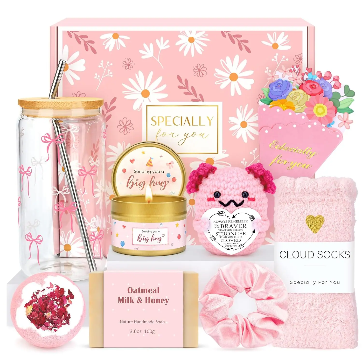 Gift Baskets for for Self Care Cheer Up Gifts Set Pick Me Up Gift Box for Woman Teen Girls Best Friend Sister Her - Inspirational Pink Present
