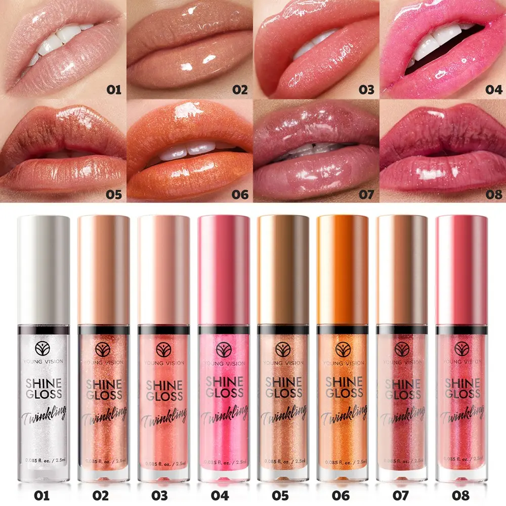 8 Shades Shimmer Glitter Lip Gloss & Lipstick, Ice Clear Pure Desire Texture, Stackable to Brighten & Plump Lips, Glossy Sparkle Long-Lasting Hydrating, Multi-Functional Shiny Lip Glaze, Makeup
