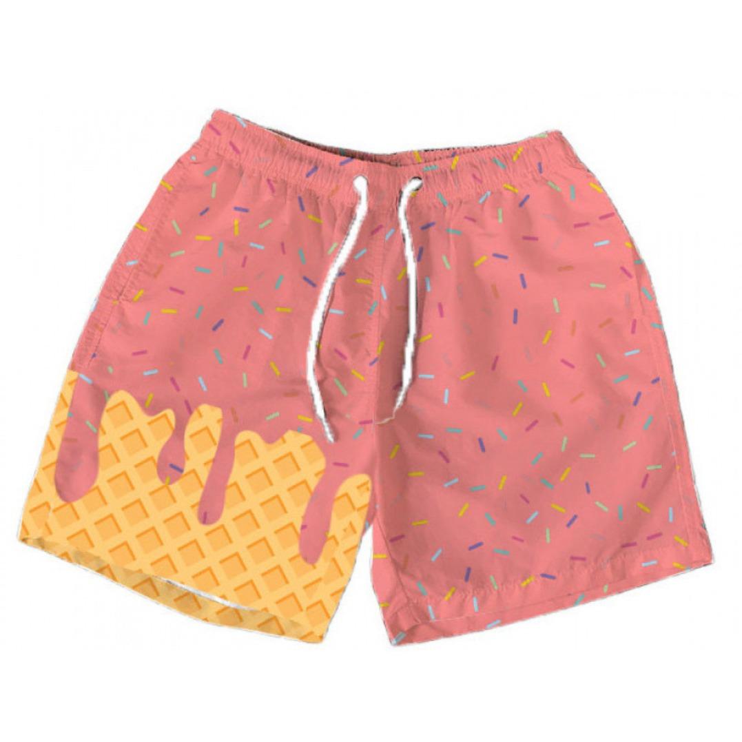 Polyester breathable 3D printed ice cream beach shorts, summer vacation loose surfing shorts, unisex fun casual sports shorts