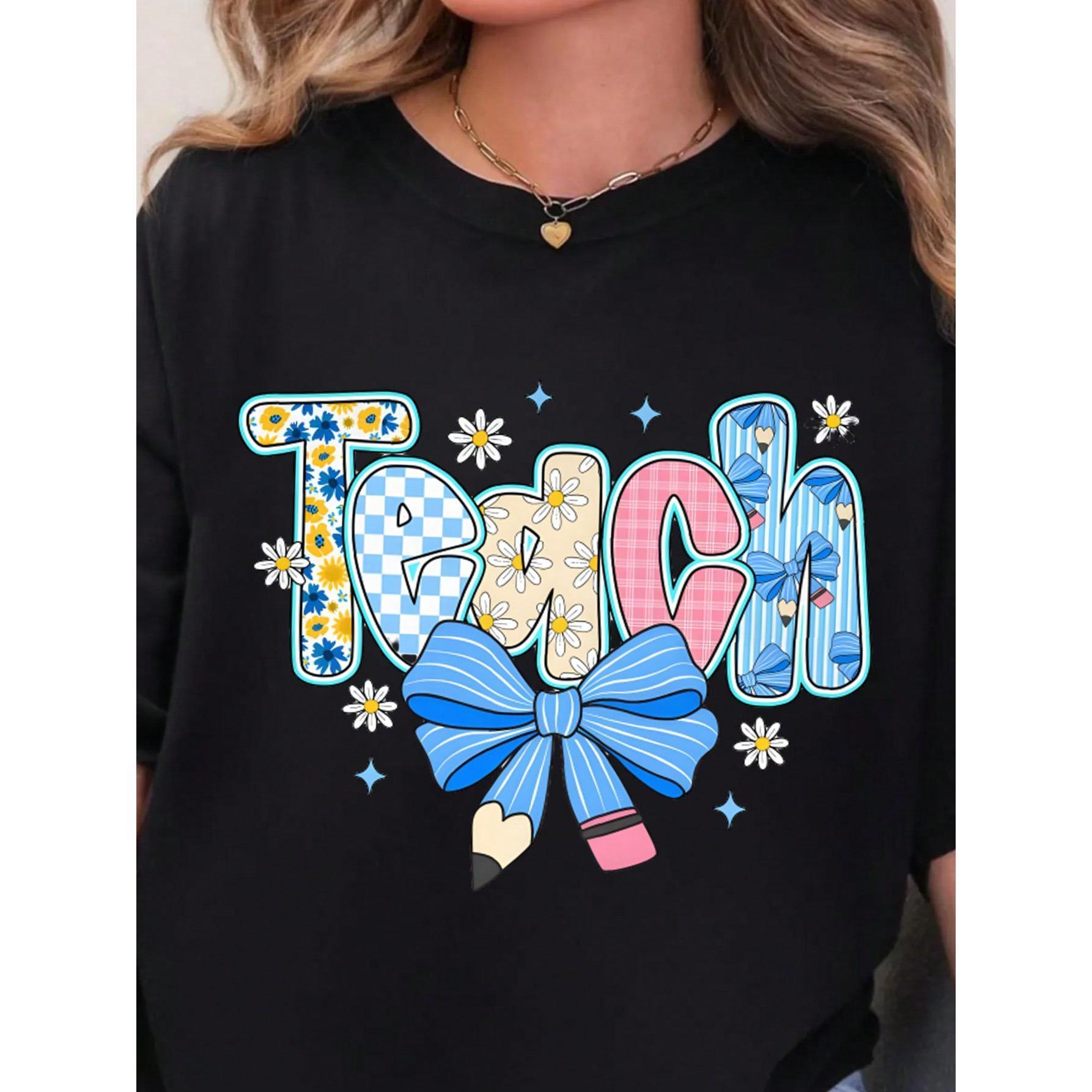 Preppy Teacher Floral Coquette T-Shirt – Blue Floral Tee, Pencil Bow Checkered Top for Women