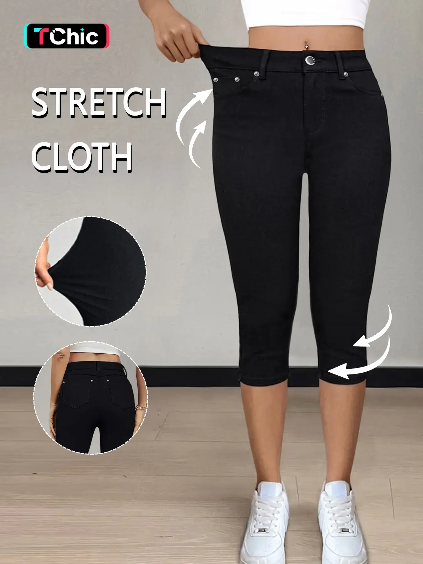 GILIPUR Women's Black Medium Stretch Knitted Skinny Capri Pants, Mid Waist Button Closure Slim Fit Cropped Knee Length Trousers with Pockets, Casual Summer Daily Outdoor Commute Wear for Women TChic